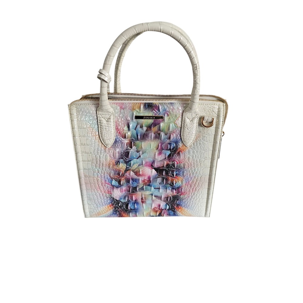 Brahmin Caroline Satchel Iridescent Croc Embossed Leather Floral Watercolor Bag